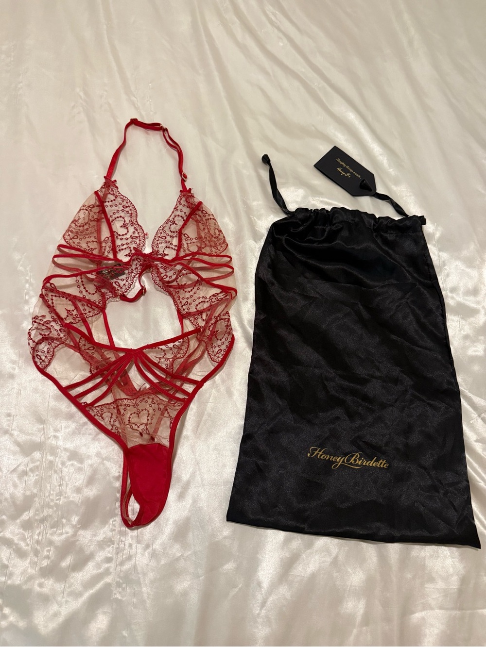 Honey Birdette Red Lace Strappy Bodysuit with Branded Pouch